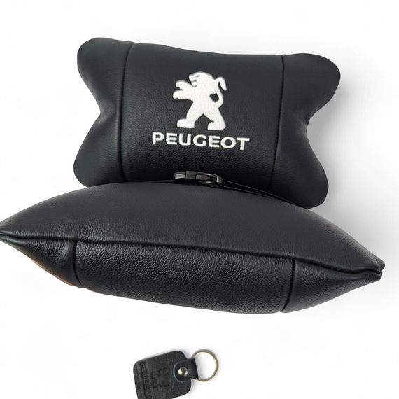 Набор подушек Peugeot из кожи + брелок в подарок, Автоподушки QE-545 с вышивкой | Зображення 4