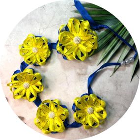 Стрічка в косу з квітками 55*7*6 см Жовто-синій (10808)