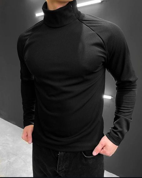 Мужской трикотажный гольф в рубчик с молнией на шее, OB142 цвет черный, размер 46/48 | Зображення 1