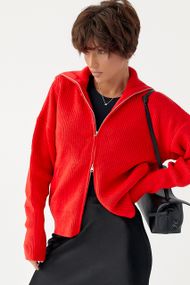 В'язаний кардиган на блискавці з високим коміром - червоний цвет, ONE SIZE (є розміри)