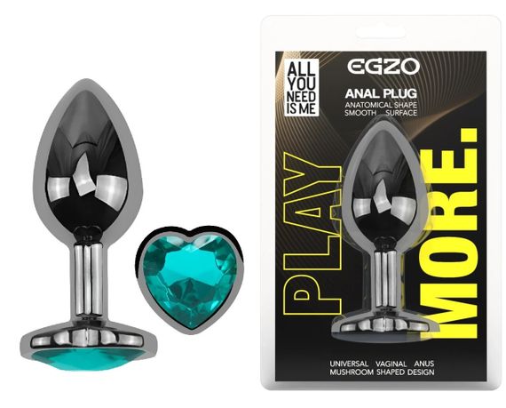 Анальная пробка EGZO Dark Silver M, металлическая анатомичная, с бирюзовым кристаллом Sex Aura