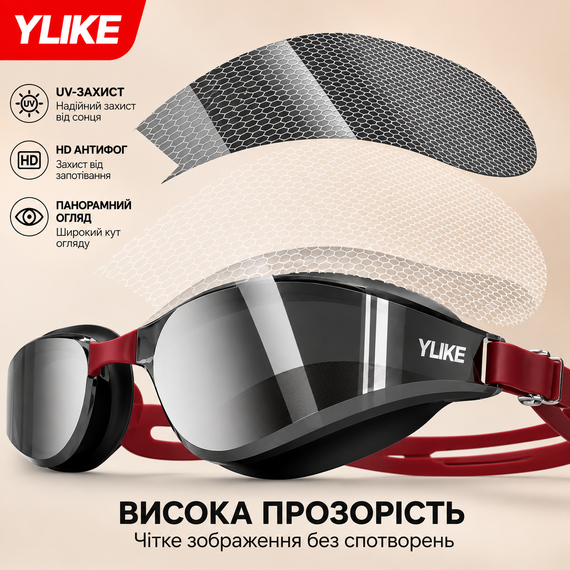 Набор для плавания Очки YUKE зеркальные с шапочкой, черно-бордовые - HD Anti-Fog, UV-защита, панорамный обзор | Зображення 5