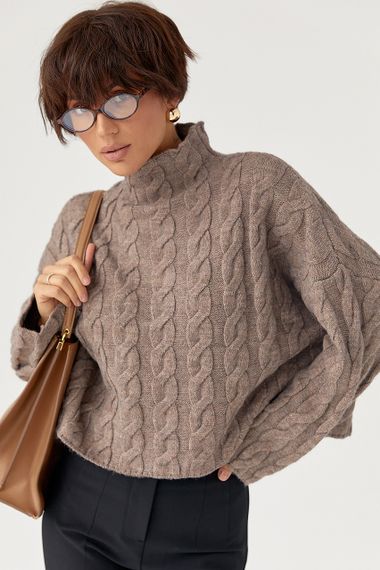 Вільний в'язаний светр з косичками - кавовий цвет, ONE SIZE (є розміри)