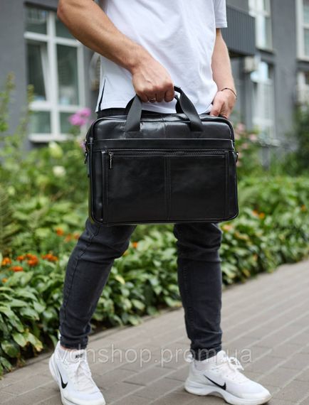 Кожаная мужская сумка-портфель 38х28х8, сумочка для работы и ежедневных дел, мужской шопер, черная | Зображення 4