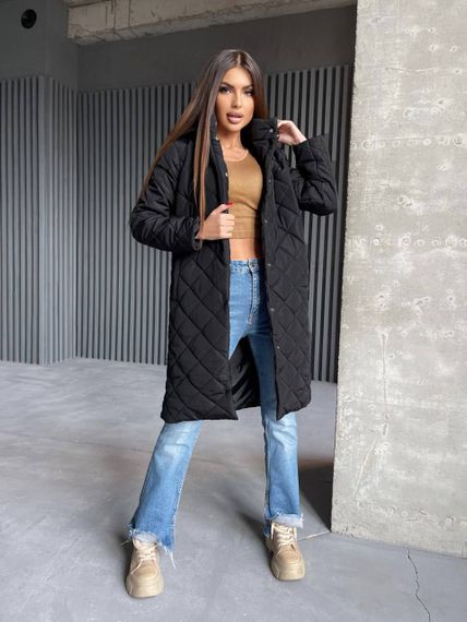 Женская длинная теплая куртка-пальто стеганая силикон 200, NA1044 цвет черный, размер 42/44 | Зображення 1