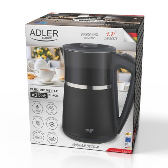 Электрочайник Adler AD 1355 черный, 1,7 л, 2200 Вт, с двойными стенками | Зображення 5
