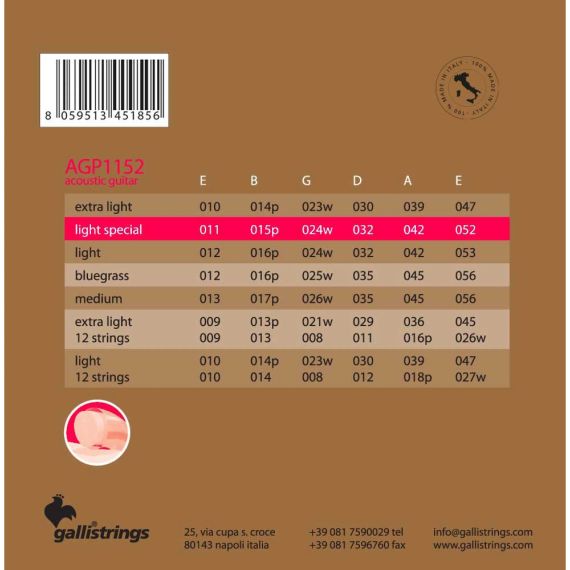Струни для акустичної гітари Gallistrings AGP1152 (.011-.052), ProCoated, LIGHT SPECIAL, Phosphor Bronze | Зображення 1