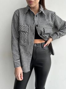 Женская теплая хлопковая рубашка принт "гусиная лапка" GDF840, цвет черно-белый, размер 48/52