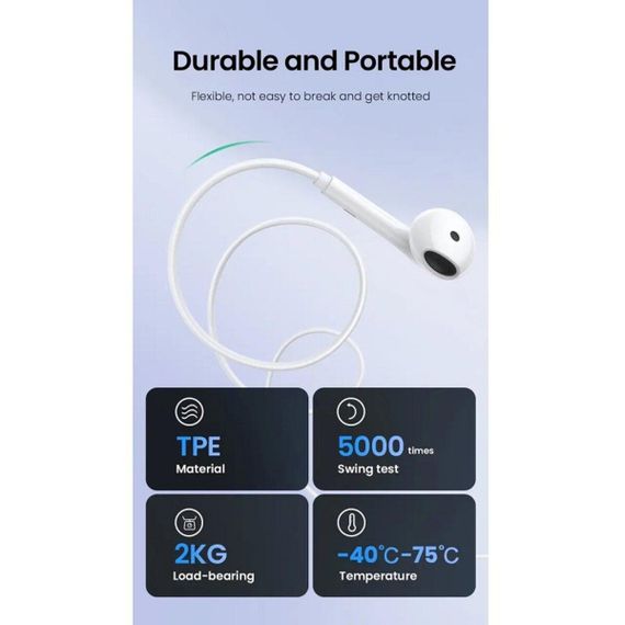 Навушники UGREEN EP101 Wired Earphones with 3.5mm Plug (White) | Зображення 3