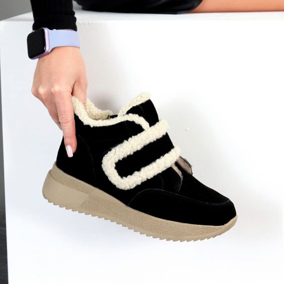 Черные замшевые зимние спортивные ботинки, молния + липучка | Зображення 2