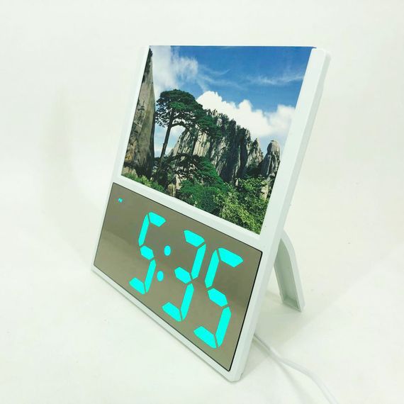 Електронний дротовий настільний цифровий годинник DS-6608 з фоторамкою, зелене підсвічування. Колір: білий | Зображення 8