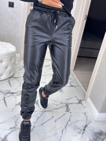 Женские теплые брюки джоггеры экокожа на меху, BU8799 цвет черный, размер 50/52 | Зображення 4