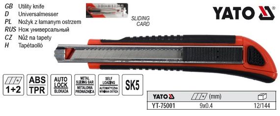 Нож YATO Польща ниж висувне трапецевидне лезо h=9 мм YT-75001