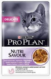 PURINA PRO PLAN DELICATE NUTRISAVOUR (Пурина Про План Делікет Нутрісейвор). Консервований порційний повнораціонний корм для дорослих кішок з чутливою системою травлення. З індичкою. Шматочки в підливі 85 г