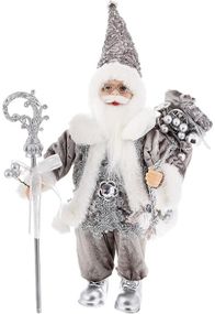 Інтерєрна новорічна фігурка Santa з подарунками та палицею 30см срібло з паєтками