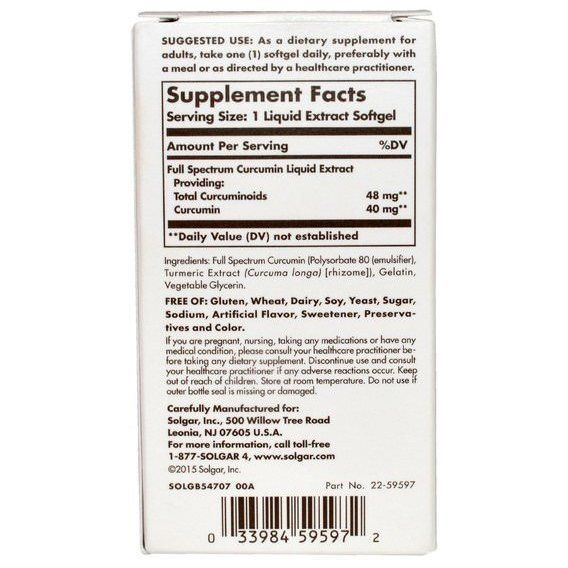 Куркума Solgar Full Spectrum Curcumin 30 Liquid Extract Softgels | Зображення 2