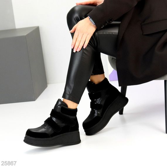 Чорні зимові черевики снікерси на липучках натуральна шкіра + замша | Зображення 8