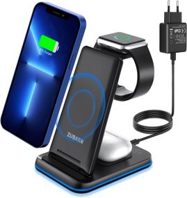 Беспроводная зарядная станция 3-в-1, подходящая для путешествий. Совместимо с iPhone 16, 15, 14, 13, 12, 11