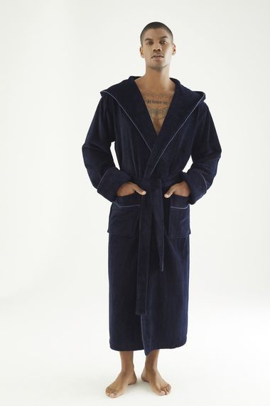 Чоловічий велюровий халат Nusa 7230 з капюшоном, темно-синій, M | Зображення 4