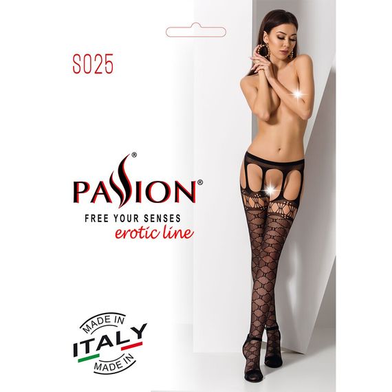 Еротичні колготки-бодістокінги Passion S025 One Size, Black, імітація ажурних панчішок з пояском | Зображення 6