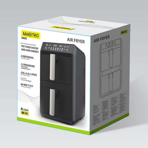 Аэрофритюрница Maestro MR-761 с двумя чашами 5 л и 5 л мультипечь фритюрница аэрогриль | Зображення 6