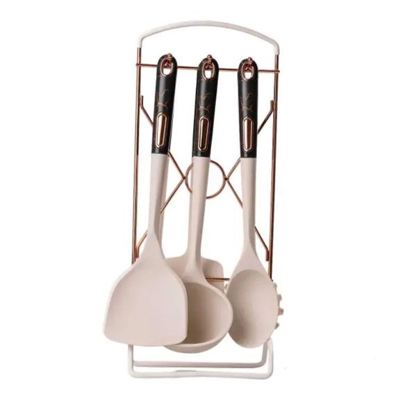 Набір кухонного приладдя на підставці 6 штук кухонні аксесуари Бежевий із чорною ручкою YRUR4 | Зображення 1