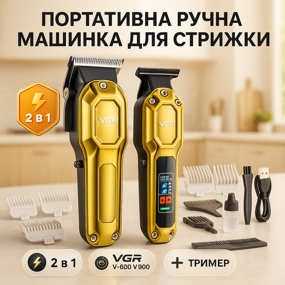 Стильная машинка для стрижки VGR 2 в 1 VGR V-600 V-900, Профессиональный триммер с набором насадок CZ-15