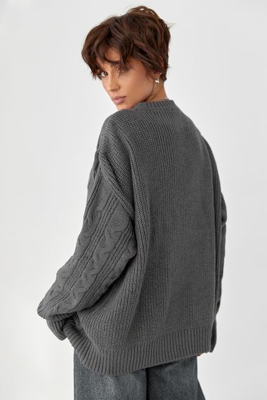 Вільна в'язана кофта в косички - сірий цвет, ONE SIZE (є розміри) | Зображення 1