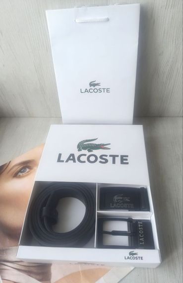 Чоловічий шкіряний набір Lacoste ремінь+ дві пряжки black | Зображення 3