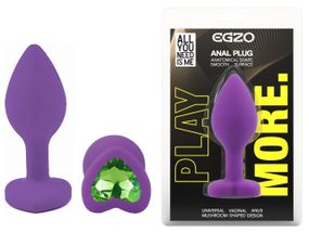Анальна пробка EGZO Violet Heart Plug S, фіолетова, зелений кристал, силіконова Sex Aura
