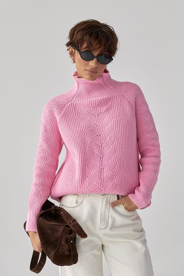 В'язаний жіночий светр із косичками - рожевий цвет, ONE SIZE (є розміри) | Зображення 4