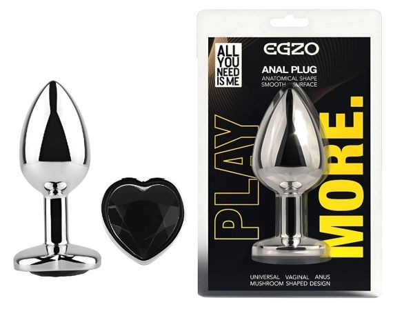 Анальна пробка EGZO Silver Heart Plug Black S — металева, сріблястого кольору, з кристалом Sex Aura