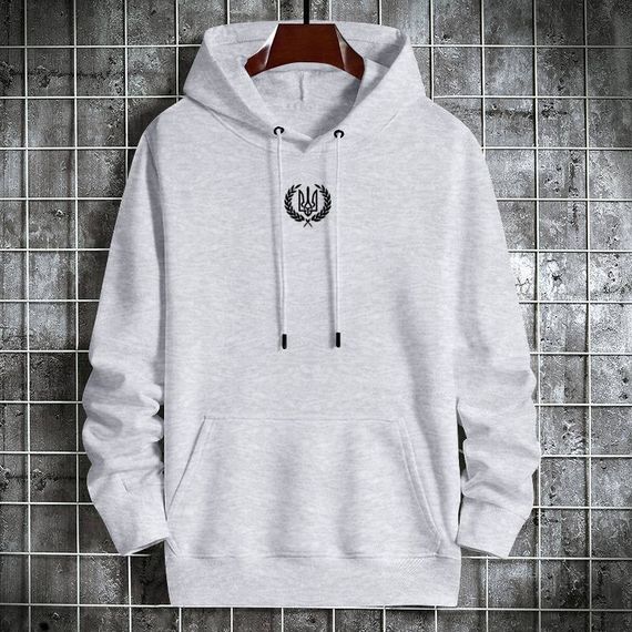 Мужской теплый худи на флисе с принтом Тризуб OC2233 цвет светло-серый, размер L