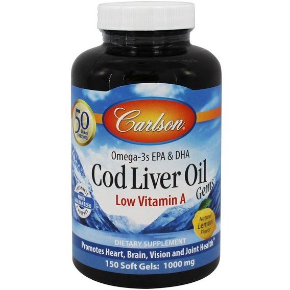 Жир із печінки тріски Carlson Labs Cod Liver Oil Gems Low Vitamin A 1000 mg 150 Soft Gels Lemon Flavor