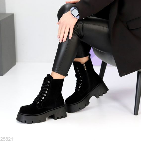 Молодіжні чорні замшеві зимові черевики берці на масивній підошві | Зображення 2