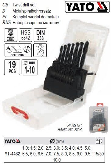 Набір свердел свердло по металу HSS Ø=1-10мм 19шт YATO-4462