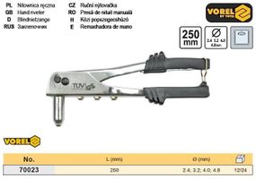 Заклепочник Польша корпус металл хром l=250 мм Ø=2,4/3,2/4,0/4,8 VOREL-70023