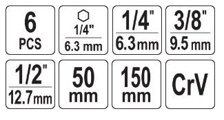 Набор держатель адаптер торцевых головок 1/4",3/8",1/2" HEX 6 шт YATO YT-04629 | Зображення 1