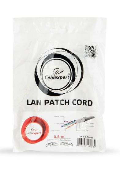Патч корд Cablexpert PP6-0.5M/W, FTP, категорія. 6, литий,  50u" штекер із фіксатором, 0.5 м, білий | Зображення 3