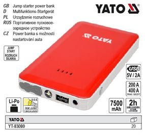 Пускова батарея Li-Pol YATO : 7.5 Року, 200/400 А, живлення через USB: 5В, 2А
