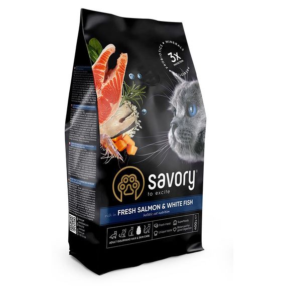 Корм Savory Adult Cat Gourmand Fresh Salmon & White Fish сухий зі свіжим лососем і білою рибою для довгошерстих котів 0.4 кг