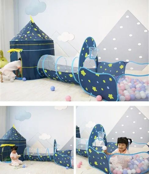 Детский игровой домик-палатка "Замок" 3в1 с туннелем и бассейном под шарики синяя | Зображення 3