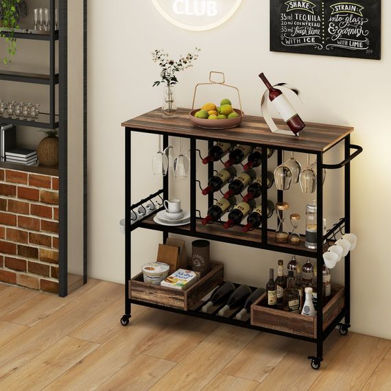 Сервировочный столик-тележка Costway WineCart с винной стойкой и ящиками лофт коричневый | Зображення 2