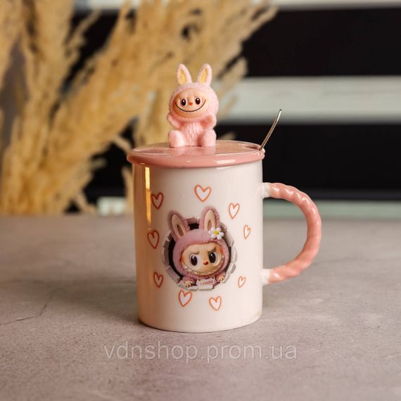 Кубок порцелянова з кришкою і ложкою Labubu 400 (мл) подарункова кружка прикольна чашка для дітей на подарунок Рожевий FM-35C | Зображення 3