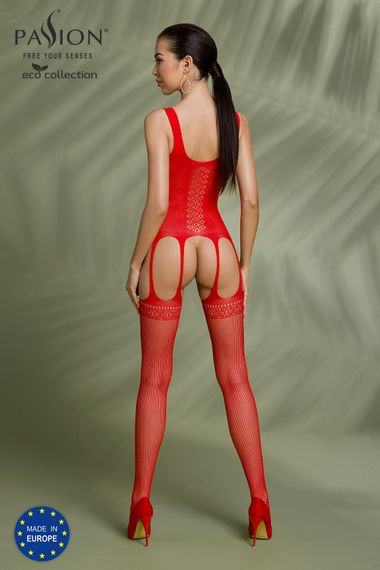 Бодістокінг Passion ECO BS007 red, з доступом, силуетний малюнок, імітація підв’язок, S/M/L | Зображення 3