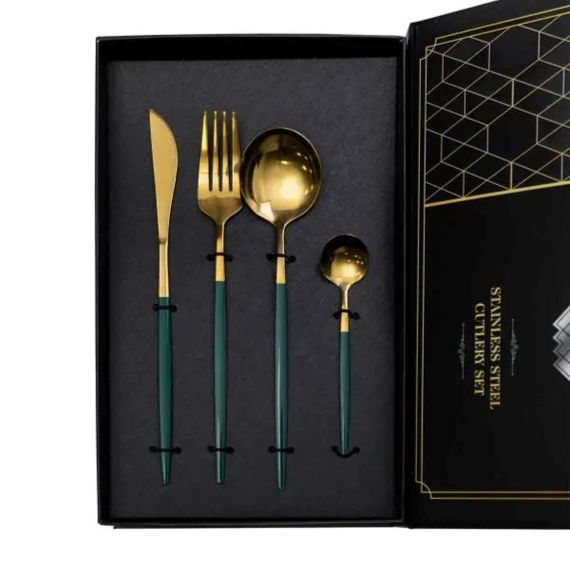 Набір столових приборів 24 предмети столовий набір на 6 персон Золотистий з зеленим HP-20-48 | Зображення 2