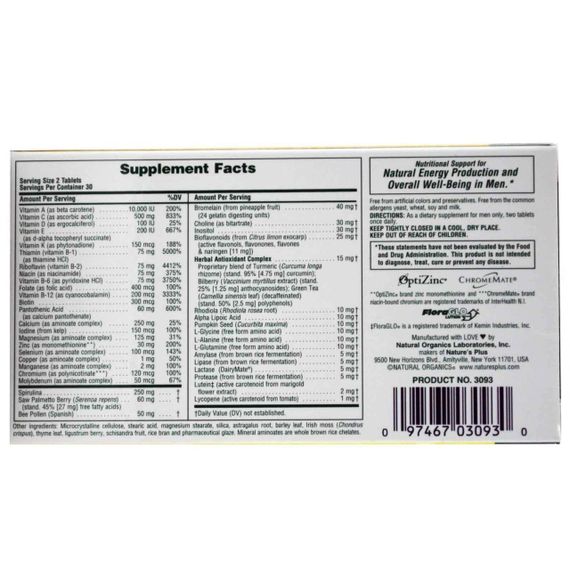 Вітаміни для чоловіків, Multi-Vitamin and Mineral, Nature's Plus, Source of Life Men, без заліза, 60 таблеток | Зображення 1