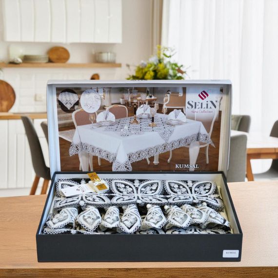 Льняная скатерть с ранером Selin Kumsal Set 160×350+12 салфеток кремовая | Зображення 1