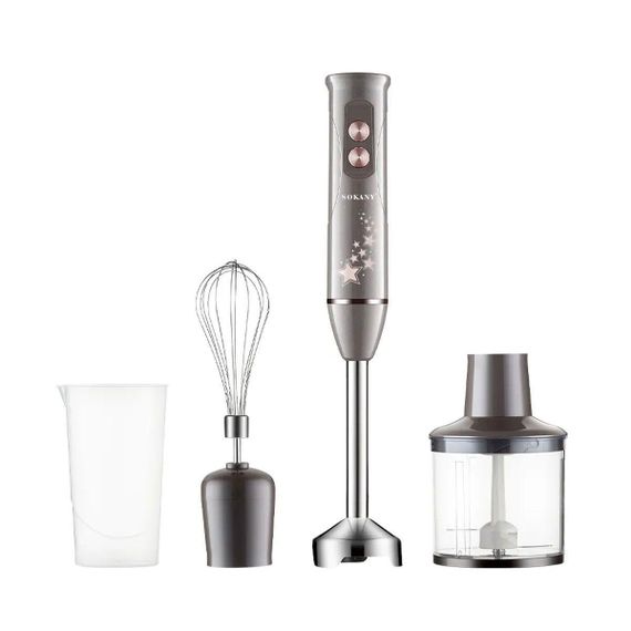Блендер ручной погружной с насадками 4 в 1 600 Вт  2 чаши и венчик Серый Sokany