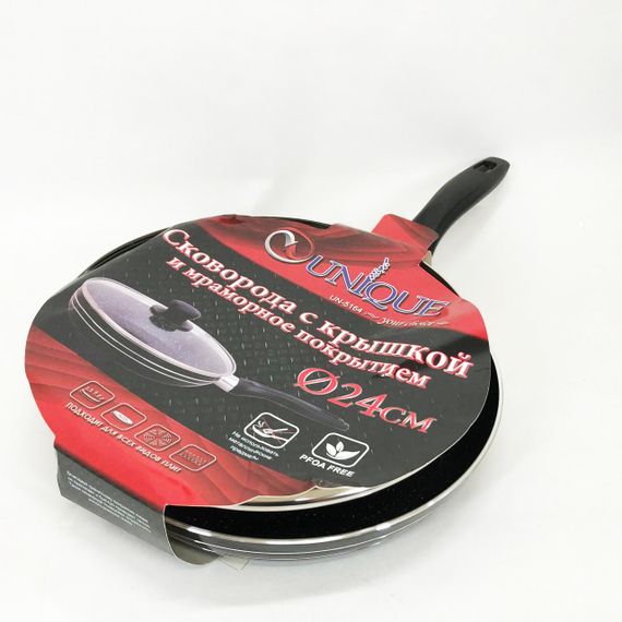 Сковорода з кришкою 24 см чорний мармур UNIQUE UN-5164 | Антипригарна сковорода Мармурова сковорода | Зображення 6